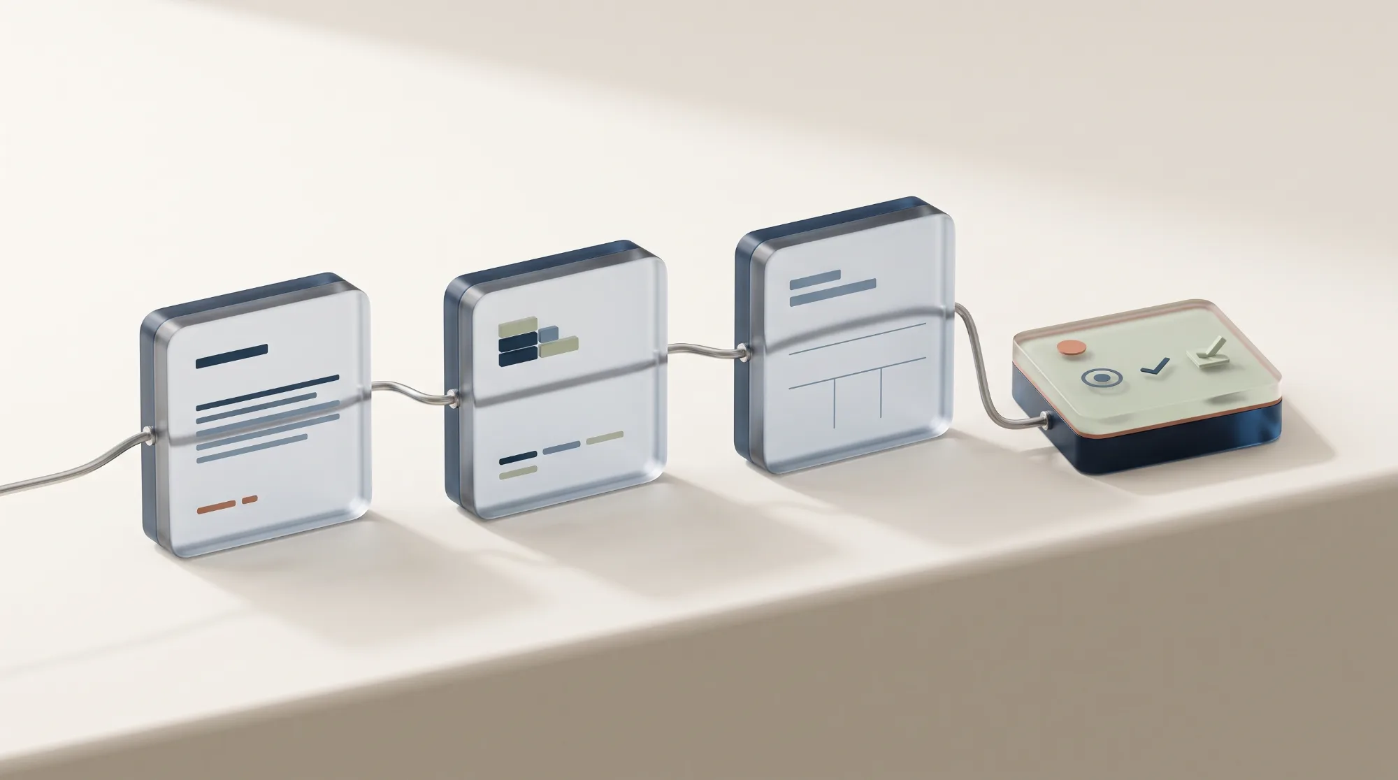 Abstract 3D scene: three translucent glass panels of theory content connected by a cable to a fourth panel holding a checkmark and a tactile control