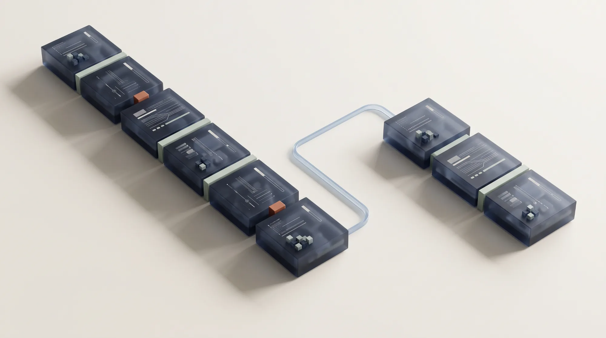 Abstract 3D scene: a long chain of six dark glass module slabs on the left, connected by a curved tube to a shorter chain of three on the right