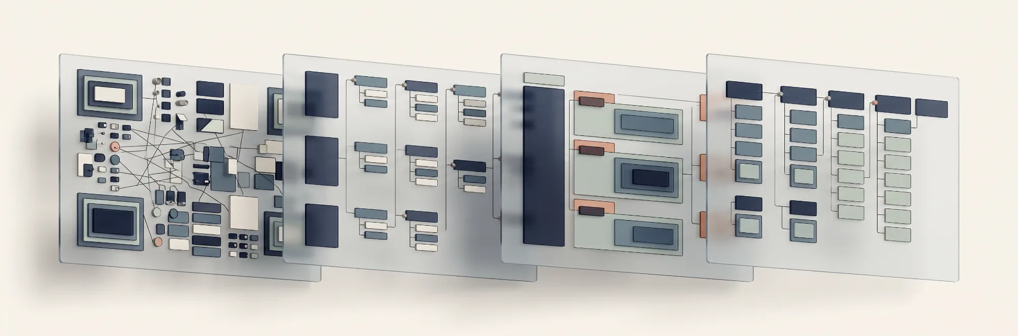 Abstract 3D scene: four overlapping frosted glass boards showing successive stages of an information architecture, from a tangled cluster of connected elements to clean, tidy hierarchical trees