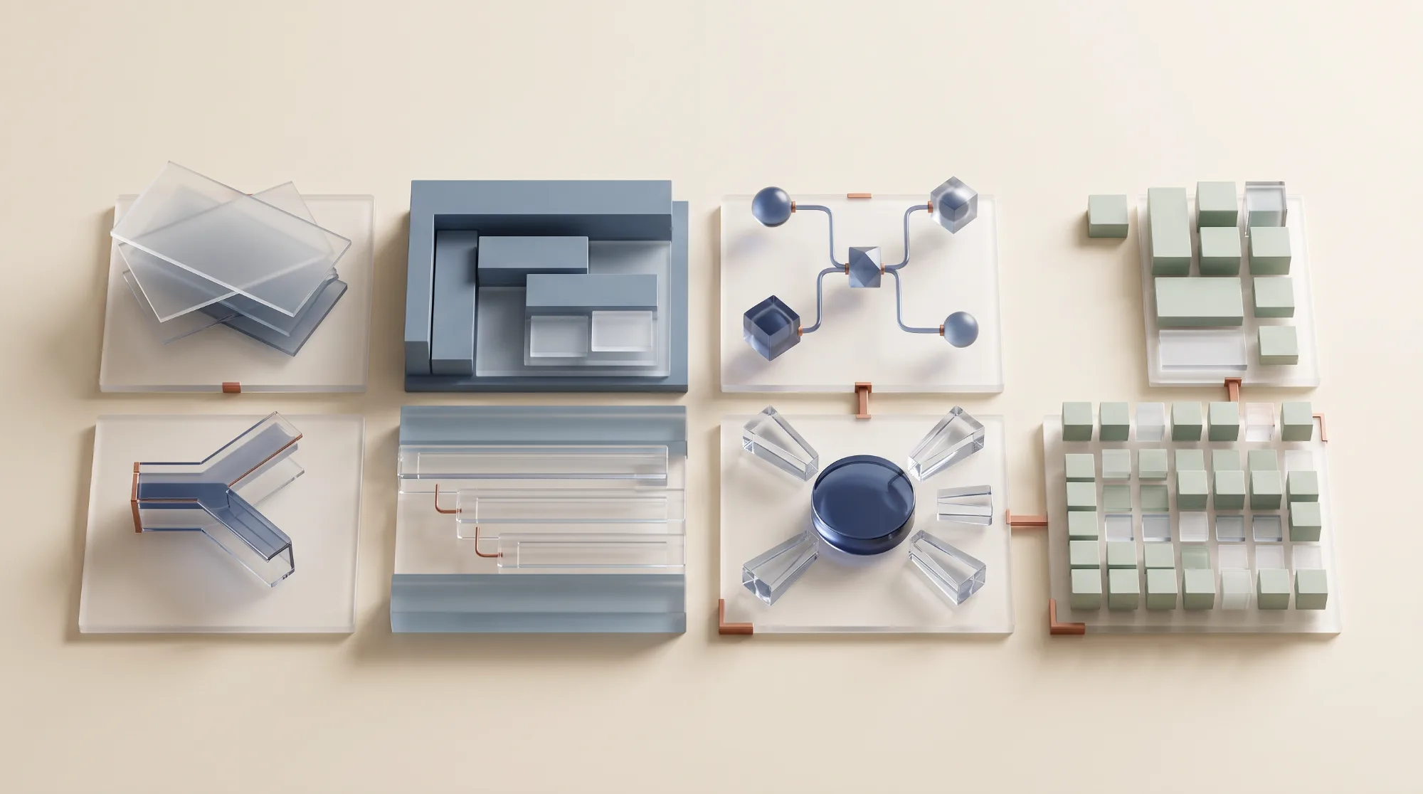 Abstract 3D scene, top view: eight frosted glass trays laid out in a grid, each holding a different structural model — stacked sheets, a nested layout block, a branching node diagram, a magnifier with radiating facets, and grids of small blocks