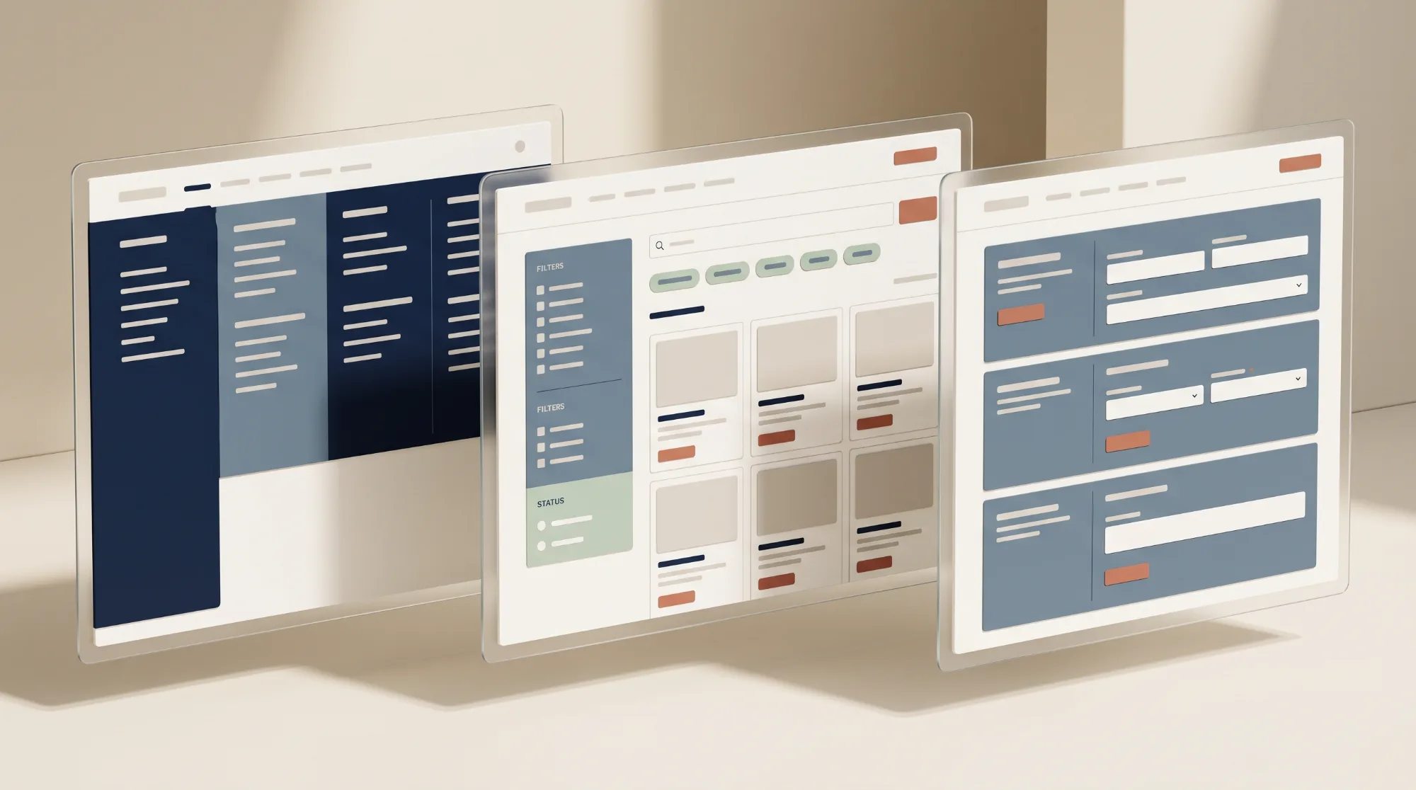 Abstract 3D scene: three translucent screen panels in a row showing greyboxed catalog layouts — a navigation menu, a filtered product listing with cards, and a product detail page with configuration fields