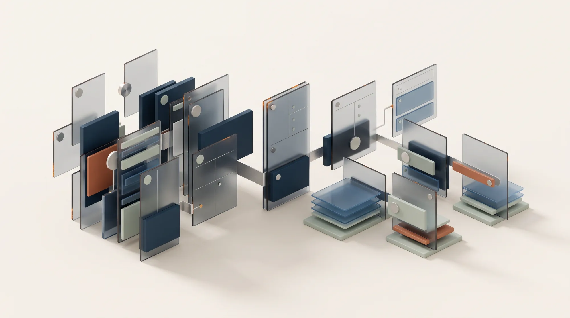 Abstract 3D scene: dozens of translucent glass panels arranged as an exploded site structure, dense and overlapping on the left, resolving into ordered, connected screens with a search field on the right