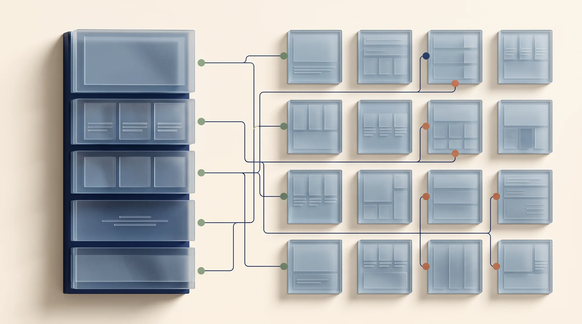 Abstract 3D diagram: a stack of five module blocks on the left wired across to a grid of sixteen page templates on the right