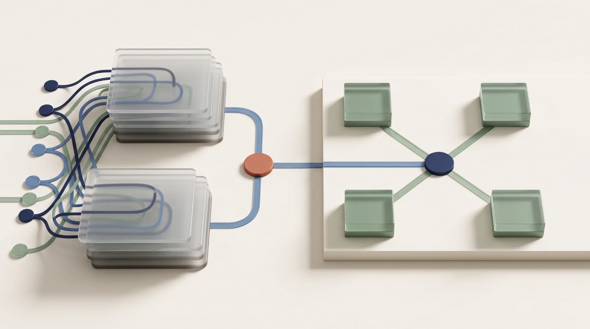 Abstract 3D diagram: many tangled cables converging into two stacks of pages, then through a single terracotta node into an ordered four-node structure