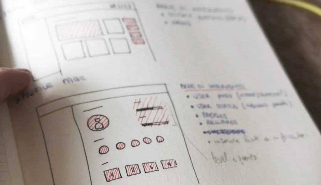 Hand-drawn wireframes of the profile page in a notebook