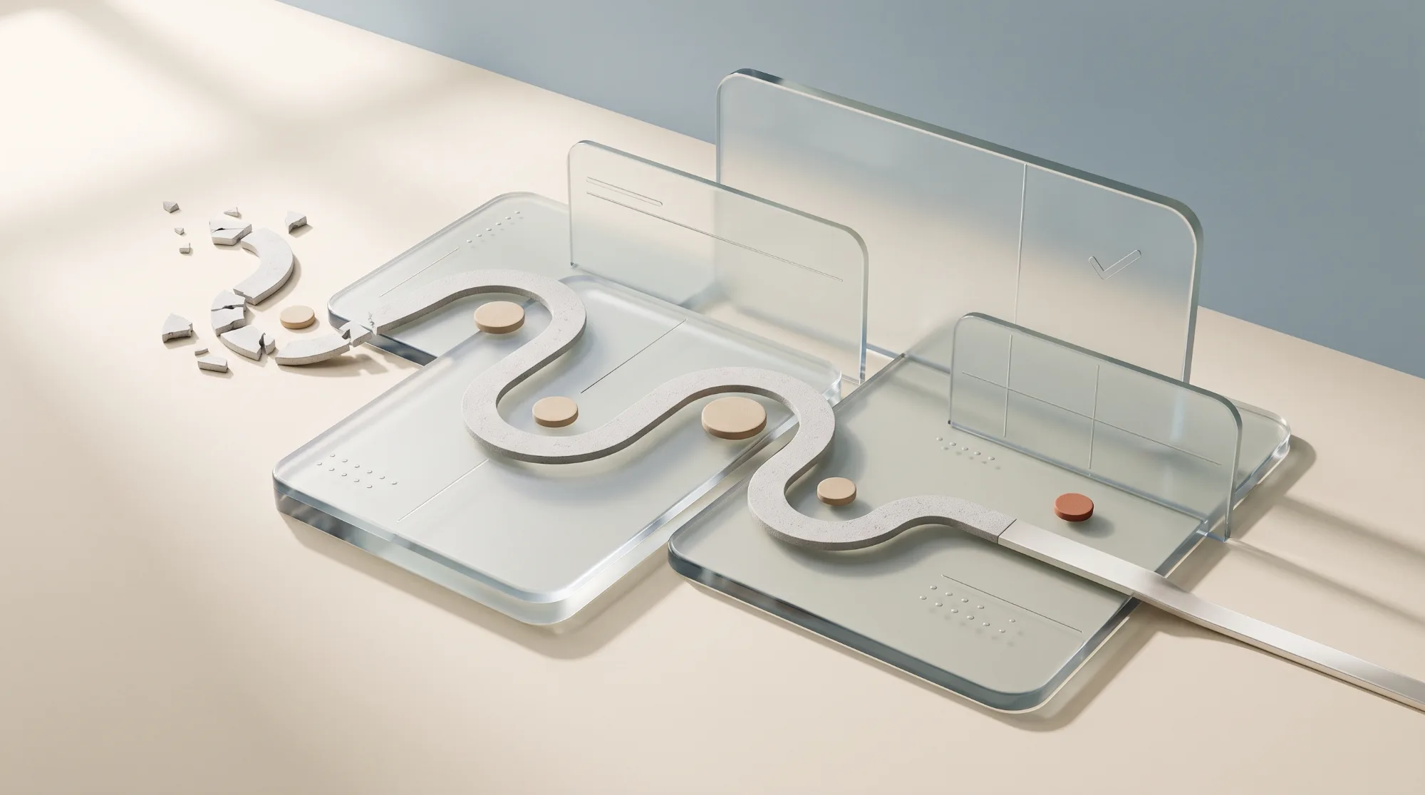 Abstract 3D scene: two frosted glass trays holding a continuous winding path with step markers, next to a broken stone question mark, with upright glass panels behind