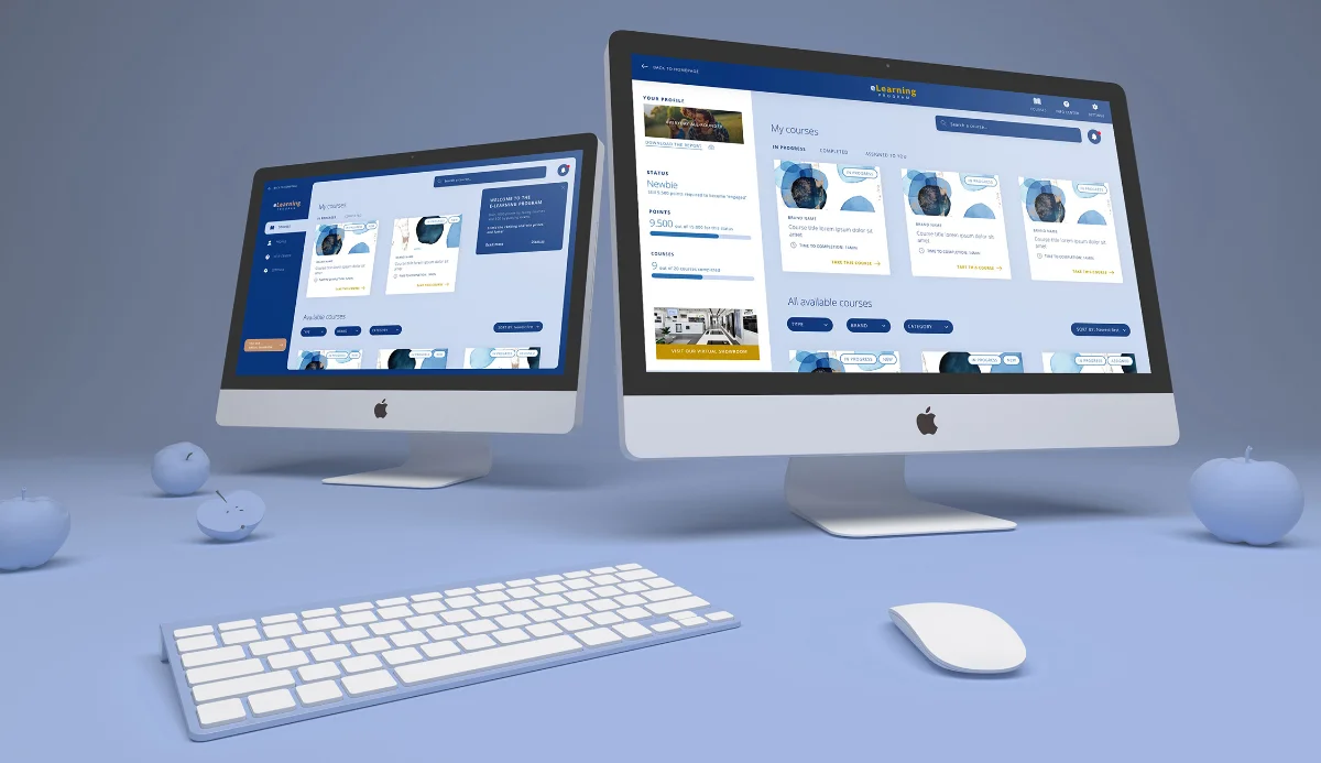 The redesigned e-learning platform shown on three desktop screens
