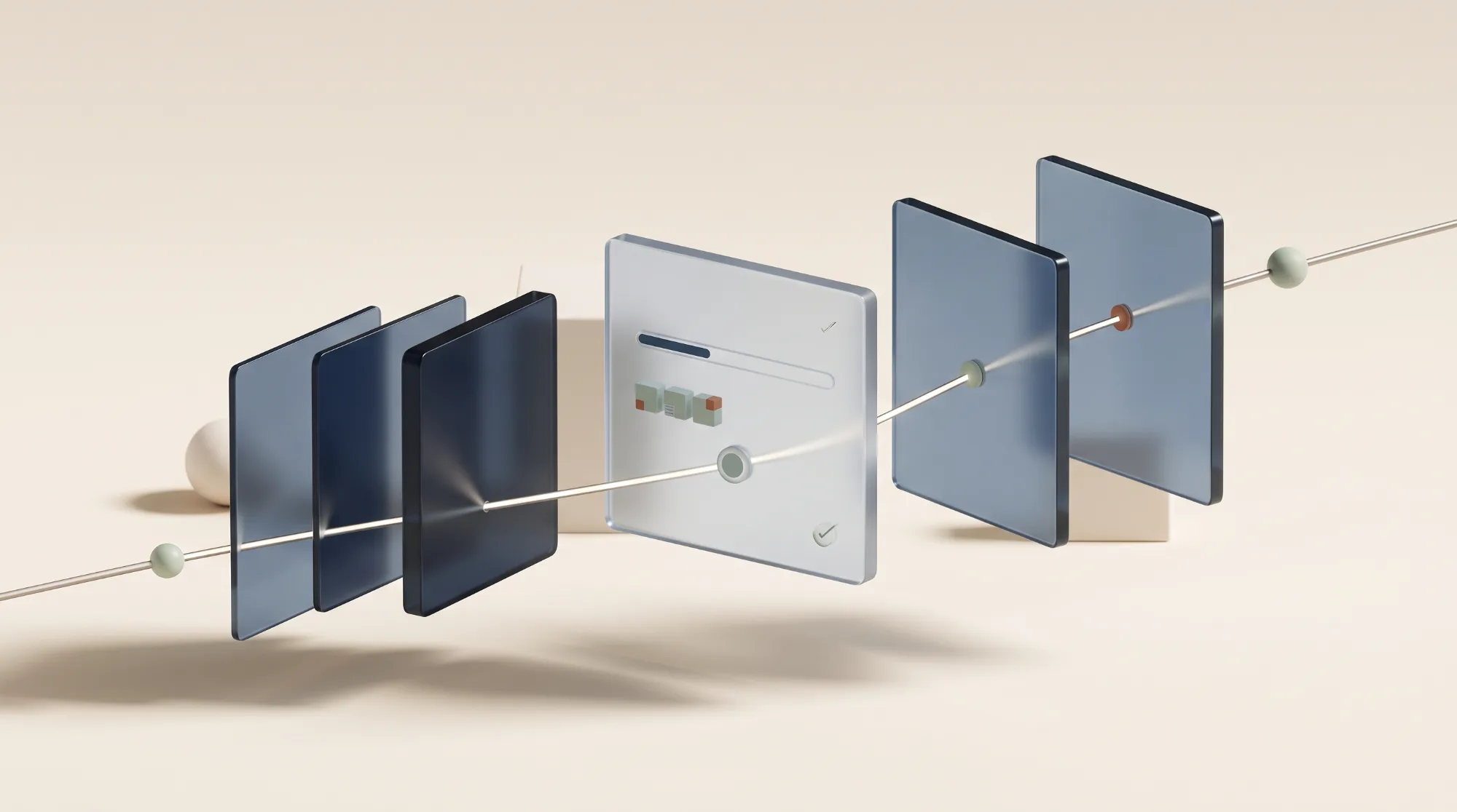 Abstract 3D scene: a row of translucent glass panels threaded on a thin rod, with one bright panel in the middle showing a progress bar, small blocks, and checkmarks