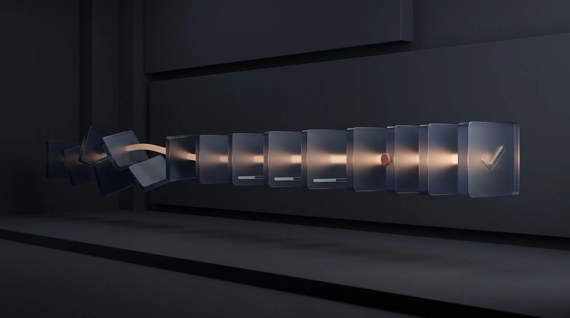 Abstract 3D scene in a dark room: scattered loose glass tiles on the left resolve into a straight, evenly spaced row lit by a warm beam, ending in a panel with a checkmark