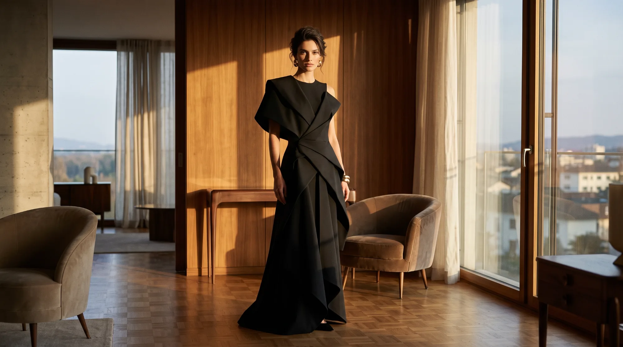 Fashion photograph of a model wearing a sophisticated, sculptural black gown, standing in the center of an elegant mid-century modern living room. The space features warm wood-paneled walls, parquet flooring, and soft-lined velvet armchairs. Golden sunset light streams through large windows in the background, casting long shadows and creating a luxurious, cinematic atmosphere.