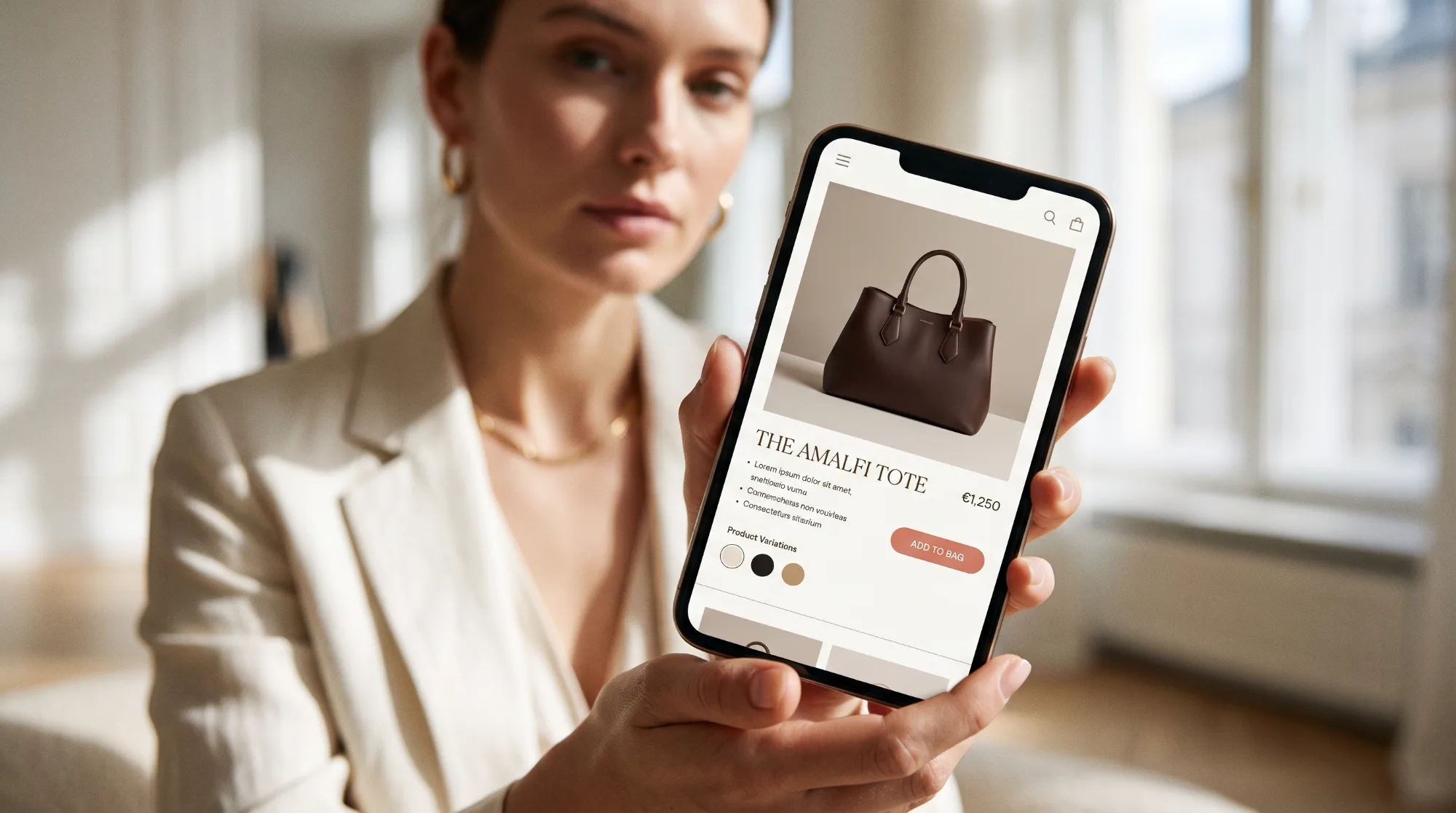 Close-up of a smartphone held toward the camera, displaying a clean, luxury e-commerce product detail page for a brown leather handbag. The screen shows a large product image, price, color swatches, and a coral Add to Bag button. A model wearing a cream-colored blazer is softly blurred in the sunlit background.