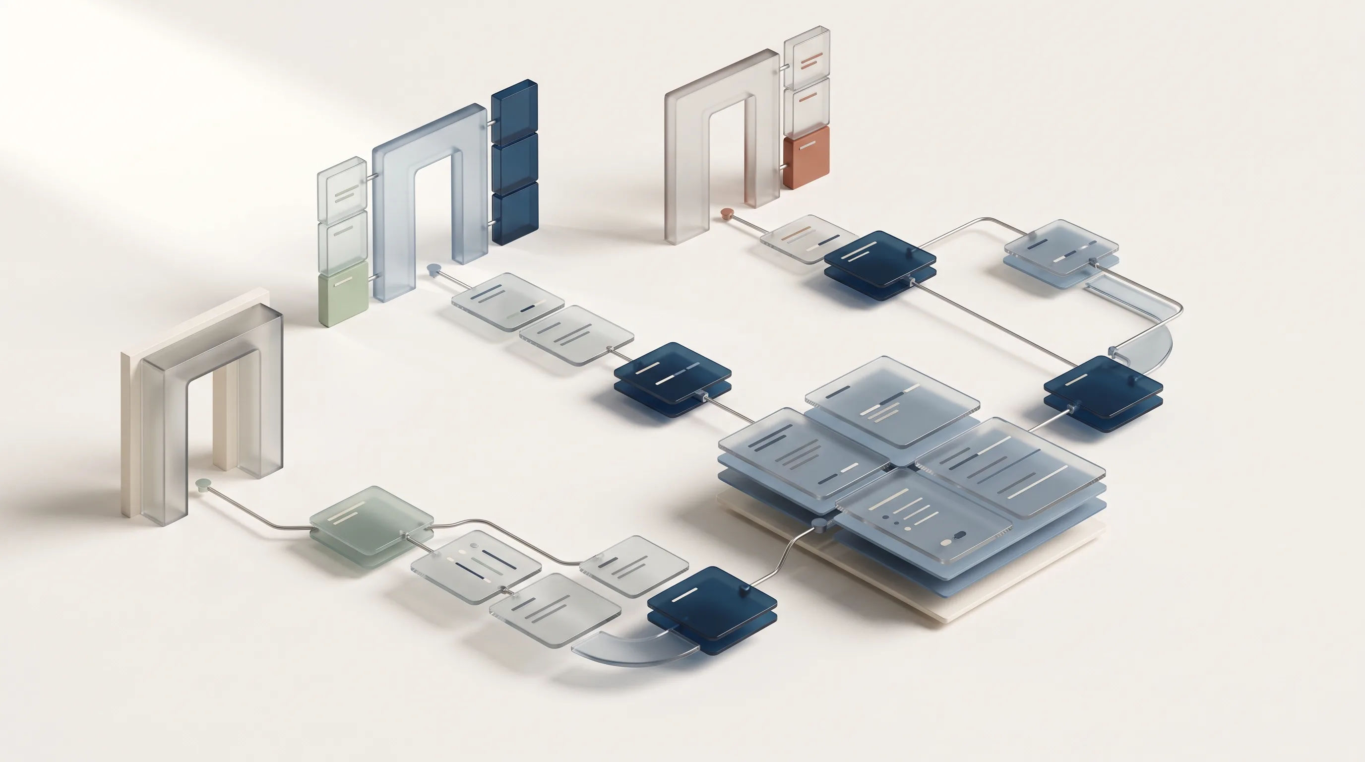 Abstract 3D diagram: three translucent arches, each opening onto its own journey of glass panels converging into one shared stack of pages