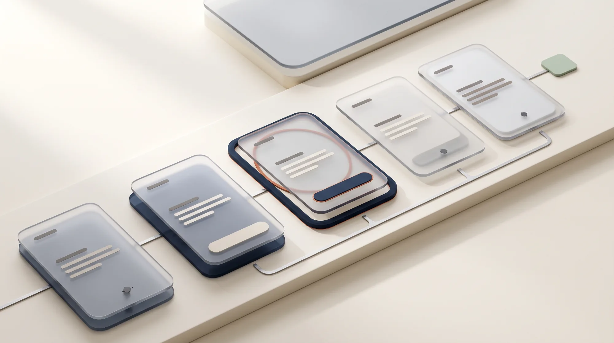 Abstract 3D scene: a row of translucent mobile screens along a desk, one highlighted with a terracotta outline and a clear primary action