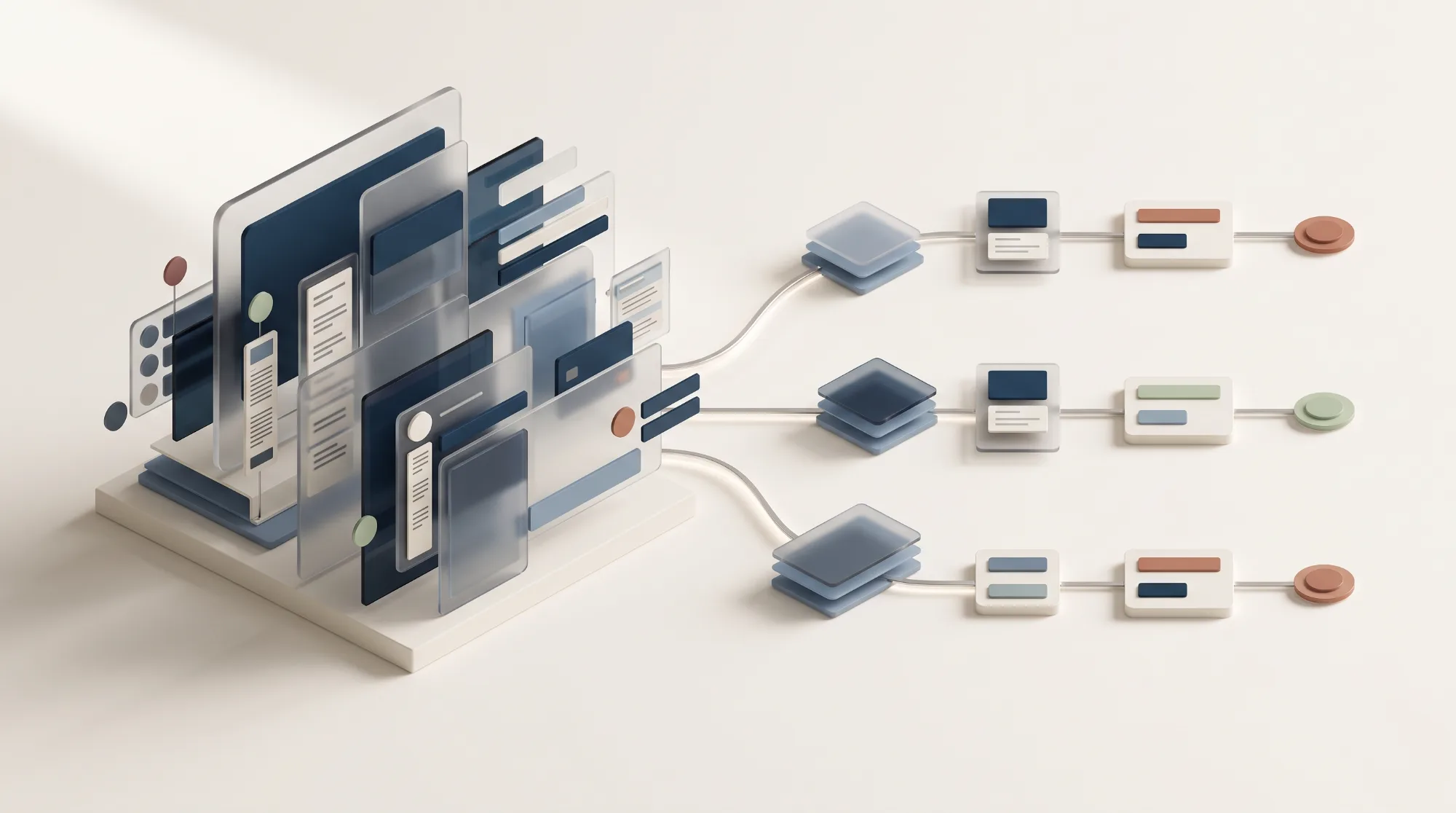 Abstract 3D diagram: one stack of shared product panels branching out into three separate customer journeys